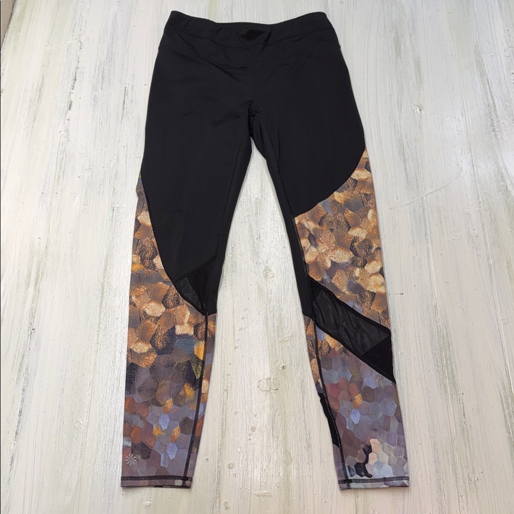 Athleta Asym Mesh Sonar Honeycomb Print Leggings Black Gold Silver Purple Sz M - Picture 3 of 13